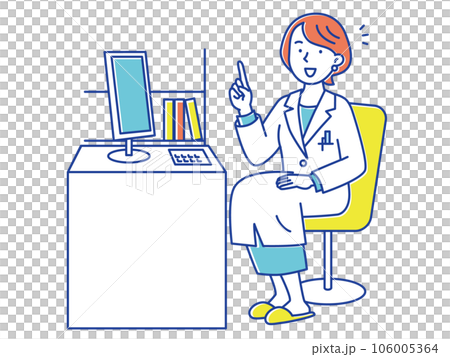 A young female doctor who sits on a chair between computers and points and explains 106005364