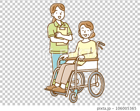 A senior woman in a wheelchair and a young female caregiver with a file 106005365