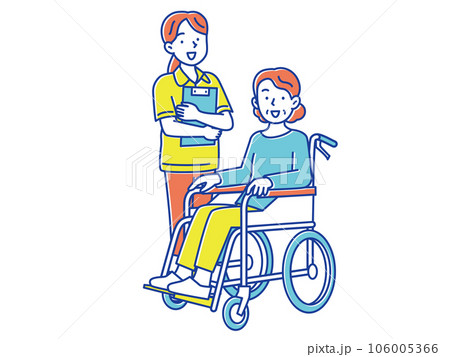 車椅子のシニア女性とファイルを持った若い女性介護士 車椅子のシニア女性とファイルを持った若い女性介護士 106005366
