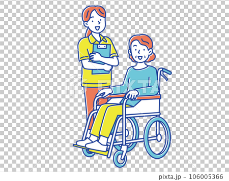A senior woman in a wheelchair and a young female caregiver with a file 106005366