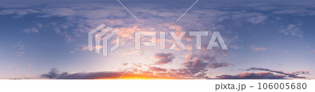 Sunset sky panorama with bright glowing pink Cumulus clouds. HDR 360 seamless spherical panorama. Full zenith or sky dome in 3D, sky replacement for aerial drone panoramas. Climate and weather change. Sunset sky panorama with bright glowing pink Cumulus clouds. HDR 360 seamless spherical panorama. Full zenith or sky dome in 3D, sky replacement for aerial drone panoramas. Climate and weather change. 106005680