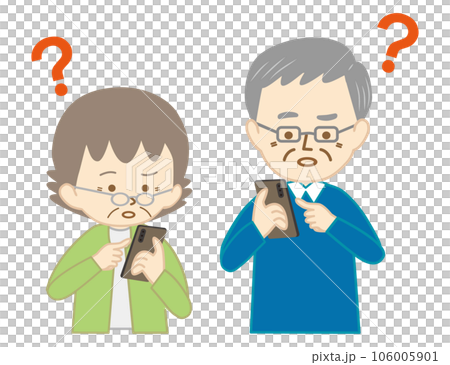 擔心操作智能手機的老年男性和女性 擔心操作智能手機的老年男性和女性 106005901