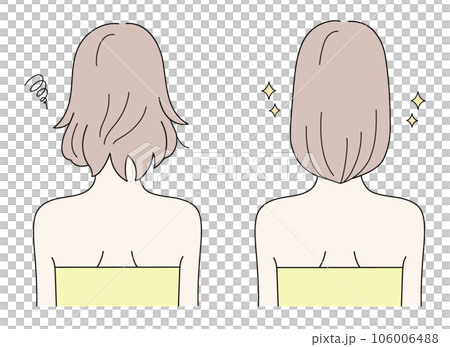 Illustration set of a woman with a back view that turns damaged hair into beautiful hair Illustration set of a woman with a back view that turns damaged hair into beautiful hair 106006488