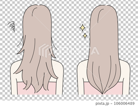 Illustration set of a woman with a back view that turns damaged hair into beautiful hair Illustration set of a woman with a back view that turns damaged hair into beautiful hair 106006489