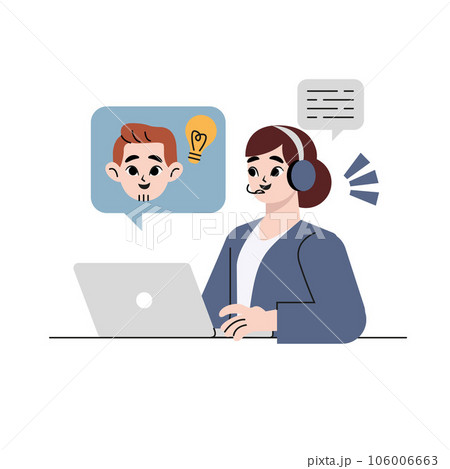 Customer service, online assistant or call center concept. Woman operator with headset talking with client and have solution or idea. Online technical support. Vector banner illustration. Customer service, online assistant or call center concept. Woman operator with headset talking with client and have solution or idea. Online technical support. Vector banner illustration. 106006663