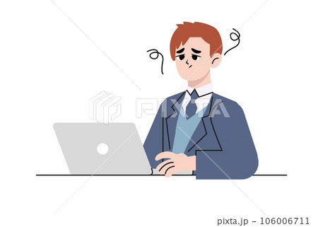Worried stressed businessman, he shocked by bad news using laptop at work. Flat vector illustration isolated on white background Worried stressed businessman, he shocked by bad news using laptop at work. Flat vector illustration isolated on white background 106006711