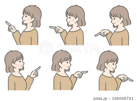 色々な方向を指さす　若い女性（横向き、私服） 106006781