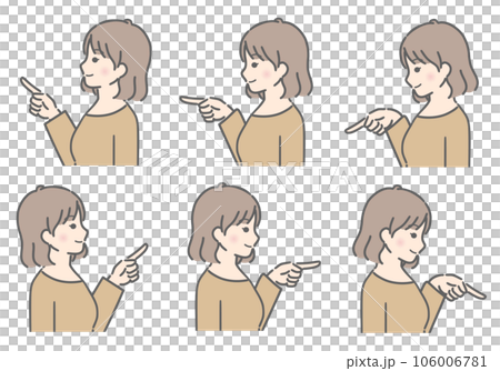 色々な方向を指さす　若い女性（横向き、私服） 106006781