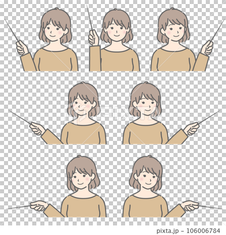 色々な方向を指示棒で指す　若い女性（私服） 106006784