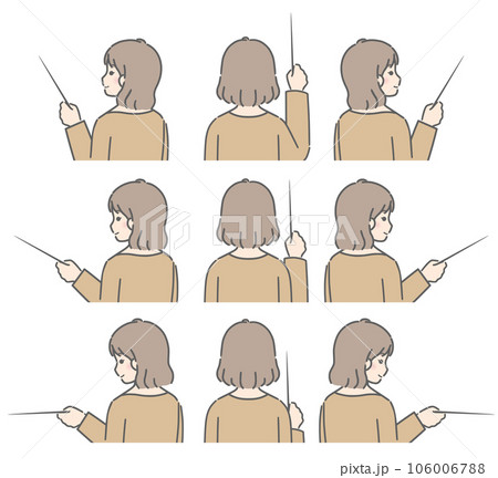 色々な方向を指示棒で指す　若い女性（後ろ向き、私服） 106006788