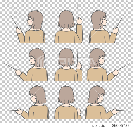 色々な方向を指示棒で指す　若い女性（後ろ向き、私服） 106006788