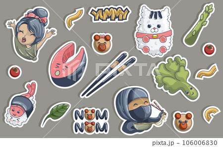 Vector image of a set of stickers from national Japanese dishes and products in contours. EPS 10 106006830