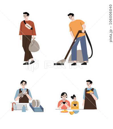 Men cleaning house working on household chores activities wiping dust, throwing garbage, washing dishes, do vacuum cleaning and cooking meal. Housekeeping concept. Flat drawn style vector design Men cleaning house working on household chores activities wiping dust, throwing garbage, washing dishes, do vacuum cleaning and cooking meal. Housekeeping concept. Flat drawn style vector design 106006840