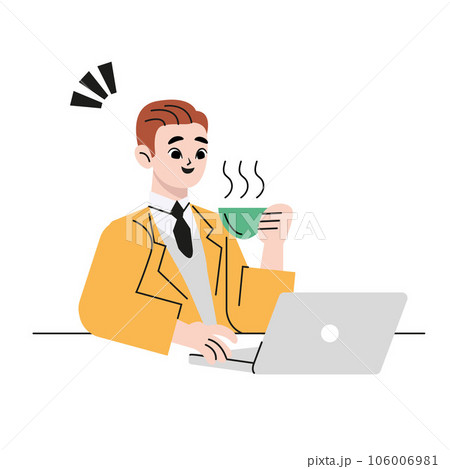 Business man in a suit sitting at the table with a laptop in the office. Manager, office worker. Vector illustration in cartoon style, isolated image Business man in a suit sitting at the table with a laptop in the office. Manager, office worker. Vector illustration in cartoon style, isolated image 106006981