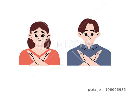 Man and woman refuse or reject hand gesturing in flat design on white background. No means no concept.	 106006986