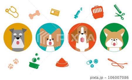 グラフィカルでシンプルな犬のアイコンのセット（ミニチュアシュナウザー,パピヨン,ビーグル,秋田犬） 106007086