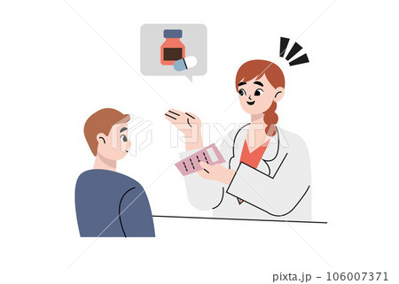 Cartoon doctor giving medicine to man. Flat vector illustration. Woman in white coat holding bills of pills to guy. Medicine, treatment, disease concept for banner design or landing page Cartoon doctor giving medicine to man. Flat vector illustration. Woman in white coat holding bills of pills to guy. Medicine, treatment, disease concept for banner design or landing page 106007371
