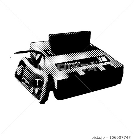 Halftone styled retro video game console collage element. 80s nostalgic vintage system and handheld. Old game cartridge. Vector realistic illustration. Halftone styled retro video game console collage element. 80s nostalgic vintage system and handheld. Old game cartridge. Vector realistic illustration. 106007747
