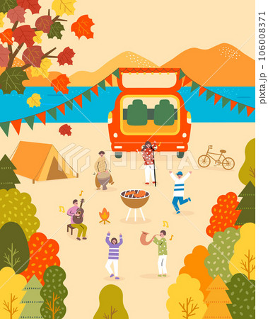 People enjoy autumn camping party with music, barbecue and dancing People enjoy autumn camping party with music, barbecue and dancing 106008371