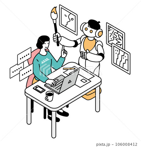 画像生成をするAIをイメージするアイソメトリック構図のシンプルなイラスト 画像生成をするAIをイメージするアイソメトリック構図のシンプルなイラスト 106008412