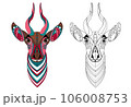 Vector image of a horned animal, consisting of geometric shapes according to the principle of the golden ratio and an outline image for coloring. Antelope Bongo. Cartoon. EPS 10 106008753
