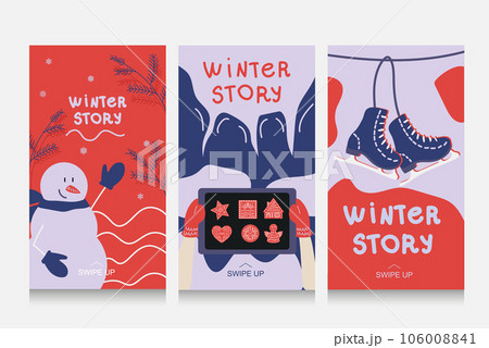 Colorful winter banners with falling snowflakes, snowy trees. Set of abstract winter backgrounds for social media stories. Use for event invitation, discount voucher, ad.	 106008841