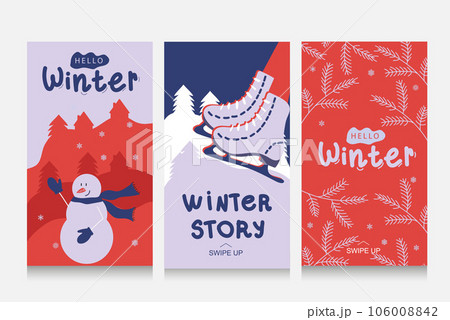 Colorful winter banners with falling snowflakes, snowy trees. Set of abstract winter backgrounds for social media stories. Use for event invitation, discount voucher, ad.	 106008842