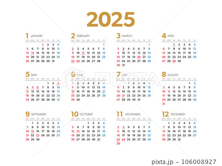 2025年 年間カレンダー横 祝日・年中行事入りのイラスト素材 [106008927] - PIXTA