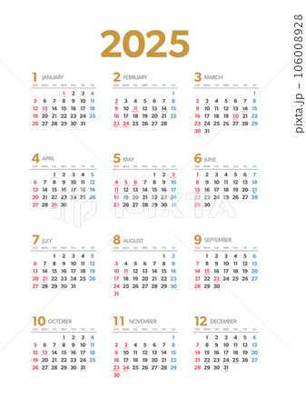 2025年 年間カレンダー縦 祝日・年中行事入りのイラスト素材 [106008928] - PIXTA