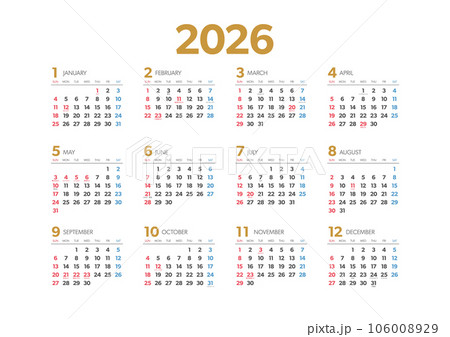2026年 年間カレンダー横 祝日・年中行事入り 2026年 年間カレンダー横 祝日・年中行事入り 106008929