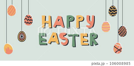 Trendy design with typography, dots, eggs and bunny, in pastel colors. Set of abstract easter backgrounds for social media, stories, banners, greeting cards, poster, greeting card	 106008985
