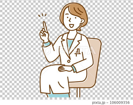 一位年輕的女醫生坐在椅子上，面向前方，指著解釋 106009356
