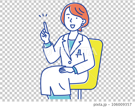 正面を向き椅子に座って指差し説明する若い女医 正面を向き椅子に座って指差し説明する若い女医 106009357