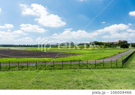 武蔵野の森公園　東側の入口の丘の上から調布飛行場方面　東京外国語大学も見える　夏の青空　東京都府中市 106009466