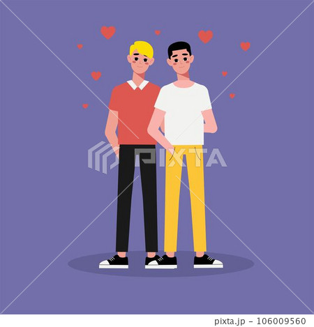 Multiethnic gay couple are proud to be. Young homosexuals gay couple love each other. Element lgbt and gay parade, protest. Vector illustration with lgbt man	 106009560