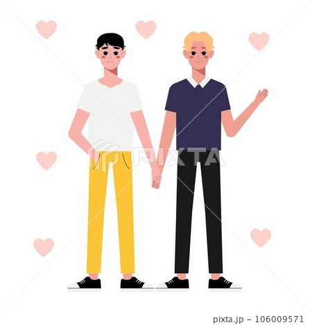 Multiethnic gay couple are proud to be. Young homosexuals gay couple love each other. Element lgbt and gay parade, protest. Vector illustration with lgbt man	 106009571