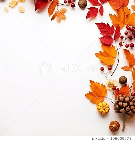Autumn composition. Rowan berries, dried leaves, pumpkins, and flowers on white background. Autumn, fall, halloween, thanksgiving day concept. View from the top, with text space 106009572
