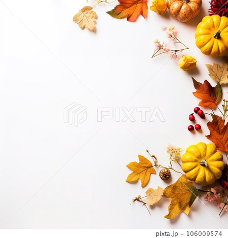 Autumn composition. Rowan berries, dried leaves, pumpkins, and flowers on white background. Autumn, fall, halloween, thanksgiving day concept. View from the top, with text space 106009574