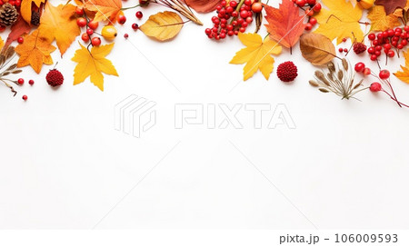Autumn composition. Rowan berries, dried leaves, pumpkins, and flowers on white background. Autumn, fall, halloween, thanksgiving day concept. View from the top, with text space Autumn composition. Rowan berries, dried leaves, pumpkins, and flowers on white background. Autumn, fall, halloween, thanksgiving day concept. View from the top, with text space 106009593
