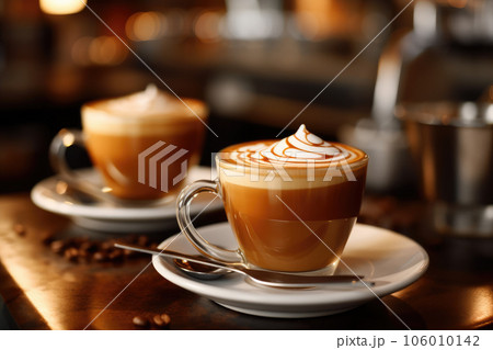 A cup of coffee with milk on a dark background. Generative AI technology. 106010142