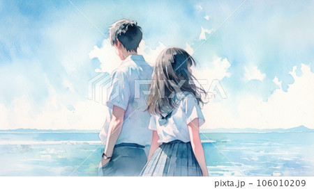海と高校生男女の後ろ姿　Generative AI 106010209