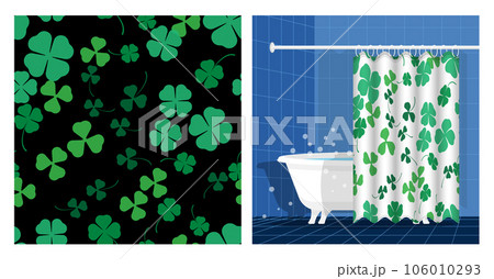 Bathroom interior with bathtub and curtain decorated three and four leaf clover seamless patterns. Clover leaf floral ornament. Vector illustration, ornament for design of posters, printing on fabric 106010293