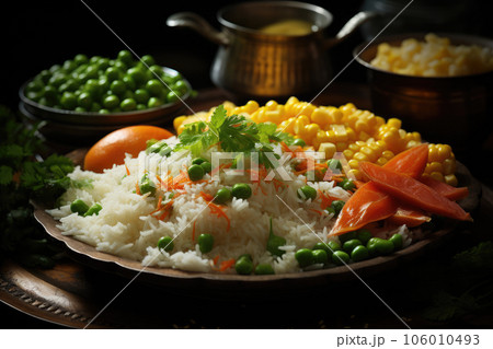 Rice with vegetables. Generative AI technology. 106010493