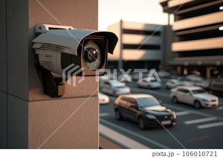 A security camera overlooking a multi - storey car park, ensuring the safety of parked vehicles created by generative AI  106010721