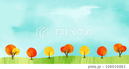 水彩風_青空と紅葉の並木道の背景イラスト 106010861