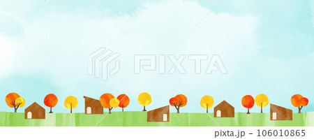 水彩風_青空と紅葉の街路樹と街並みの背景イラスト 106010865