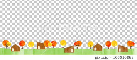 水彩風_青空と紅葉の街路樹と街並みの背景イラスト 106010865