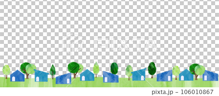 Watercolor style _ Background illustration of a cityscape with blue sky and fresh green roadside trees 106010867