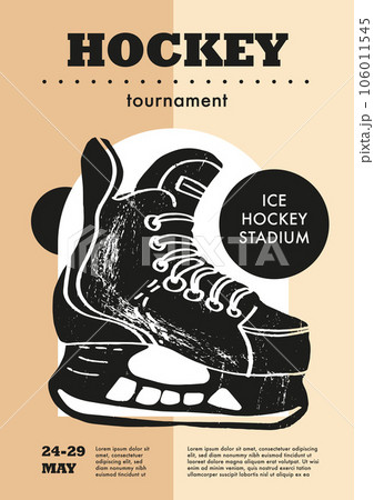 Template Sport Layout Design, ice hockey. Hockey league tournament poster vector illustration. Hand drawn engraving illustration skates hockey pitch background. 106011545