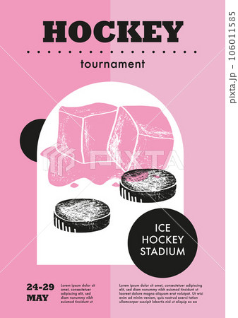 Template Sport Layout Design, ice hockey. Hockey league tournament poster vector illustration. Hand drawn engraving illustration ice, pucks hockey pitch background. 106011585